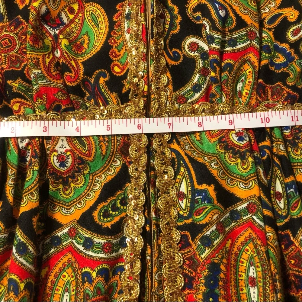 Vtg Jumpsuit 60s 70s Psychedelic Paisley Palazzo Leg Gold Rick Rack Trim S-XS - Picture 10 of 12